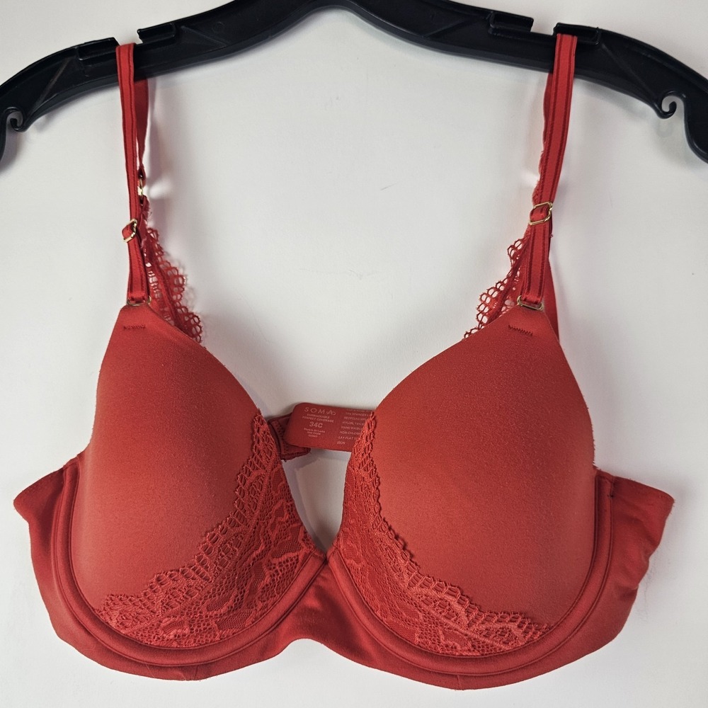 Soma Embraceable Perfect Coverage T‎ Shirt Bra 34C Orange Lace Trim Underwire